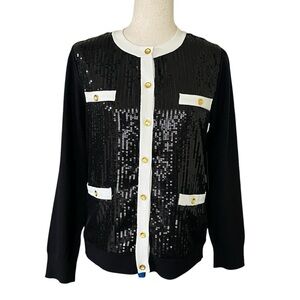BCBG button-front black sequin embellished cardigan sweater jacket